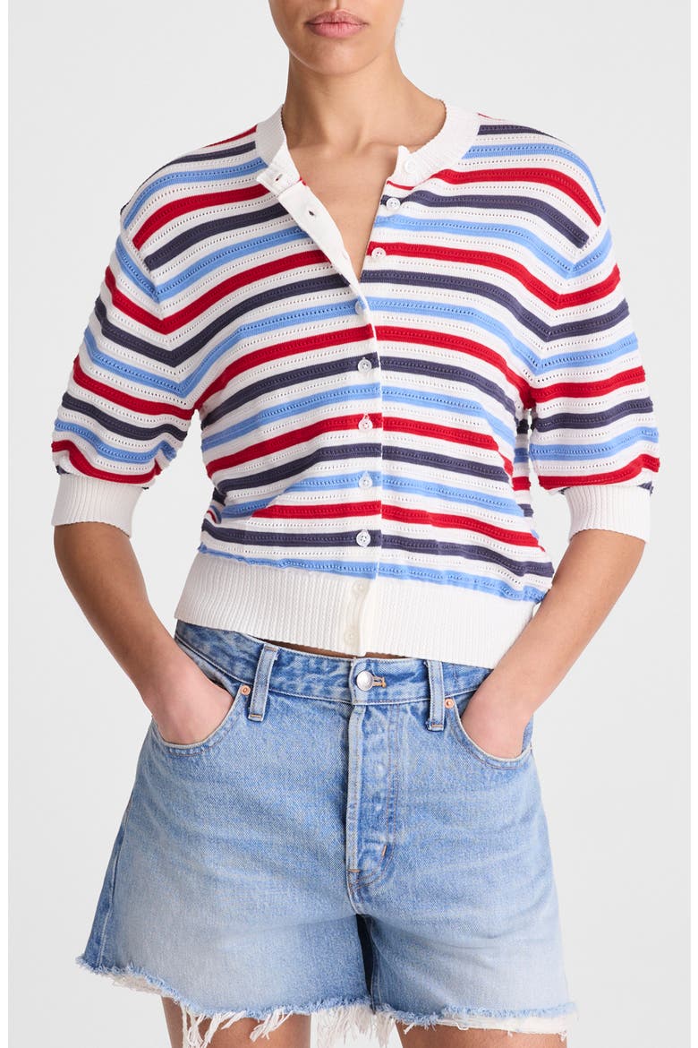 Textured Stripe Short Sleeve Cotton Cardigan, Main, color, IVORY POP COLOR MULTI STRIPE