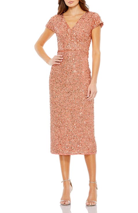 Sequined Short Sleeve Wrap Over Cocktail Dress