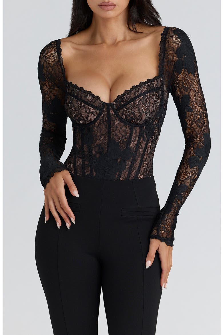 Aneira Long Sleeve Lace Corset Top, Main, color, BLACK