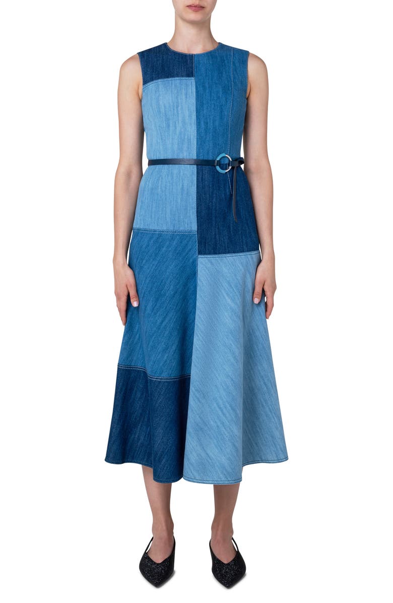 Akris punto Colorblock Belted Denim Midi Dress, Main, color, 