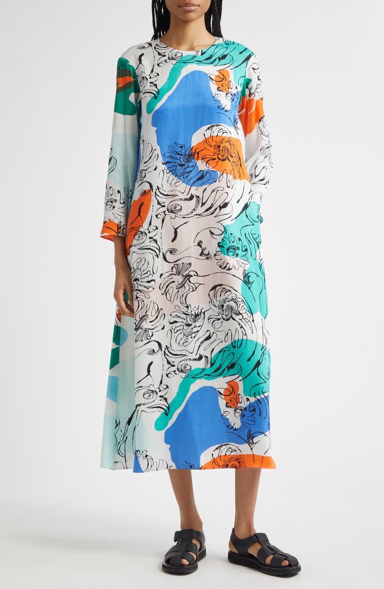 Marimekko Fluidi Blombom Long Sleeve Dress, Main, color, Off White Blue Green Red