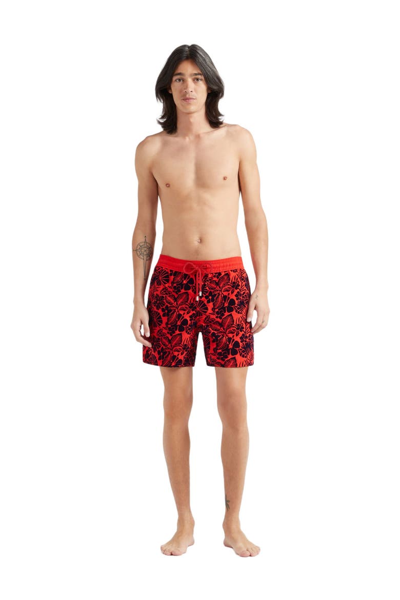 Men's Flowers Flocked Swim Shorts, Main, color, COQUELICOT