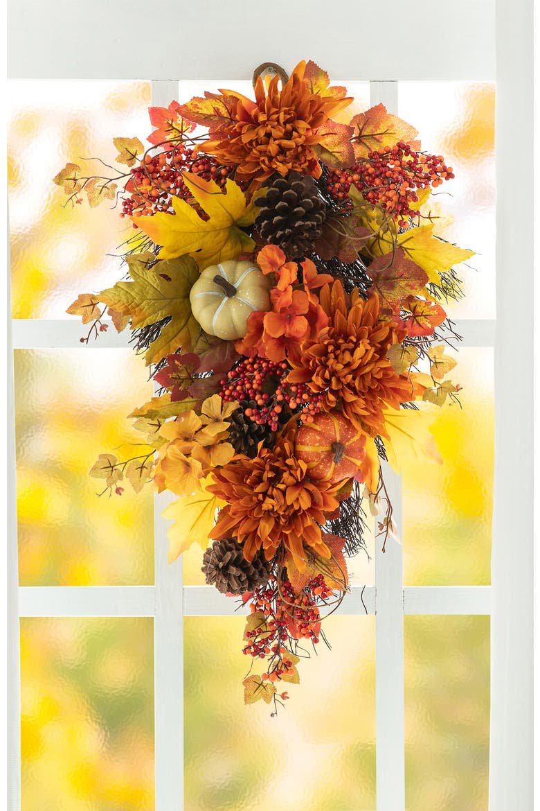 27"H Fall Dahlia Pumpkin  Leaf and Berry Teardrop, Alternate, color, Orange