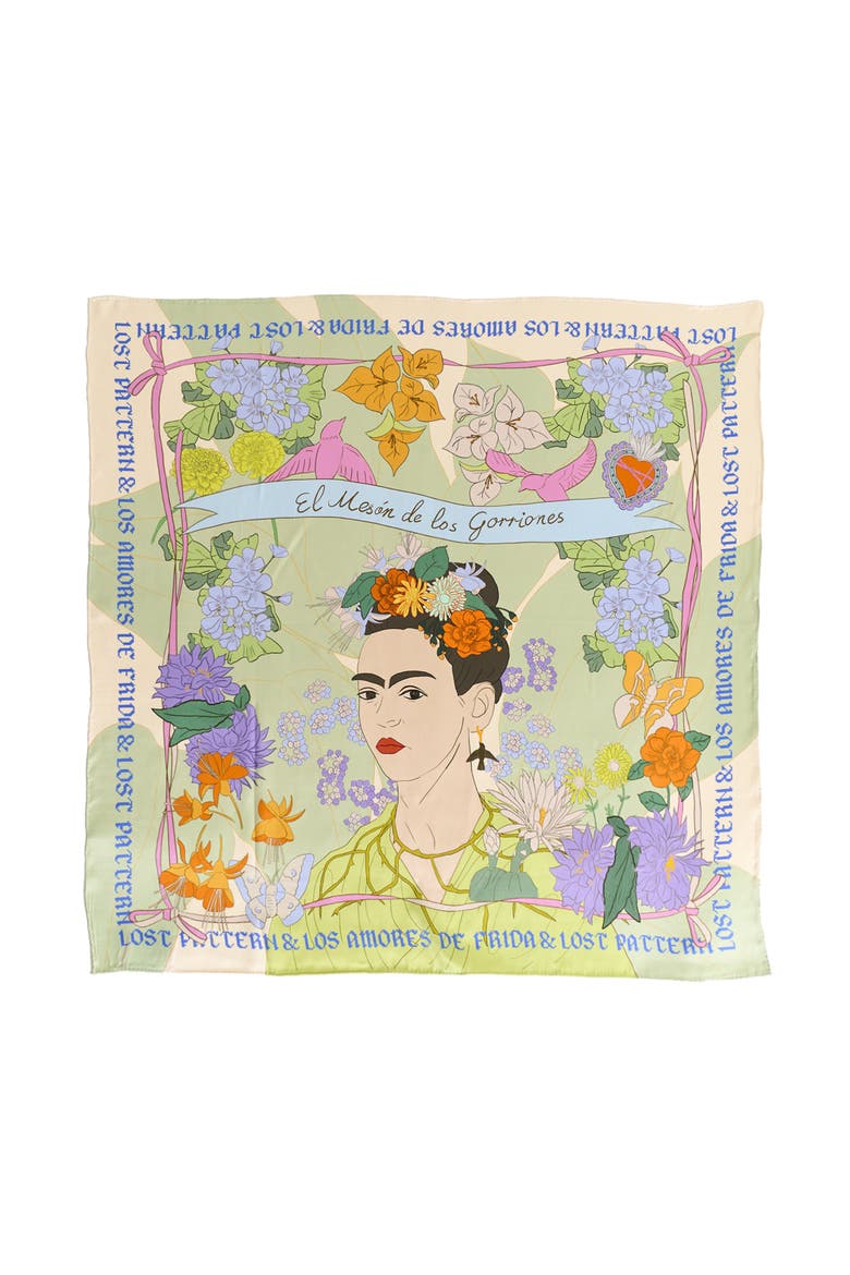 FRIDA x LOST PATTERN "Los Amores de Frida" Large Silk Scarf, Main, color, Pastel