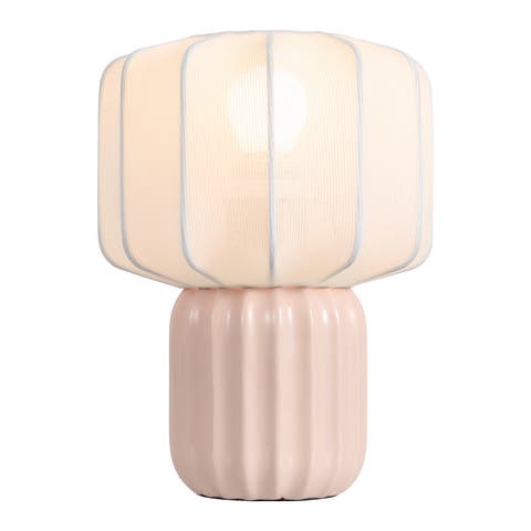 Leola Modern Contemporary Ceramic Fluted Mini with Ribbed Cocoon Pumpkin Shade LED Table Lamp