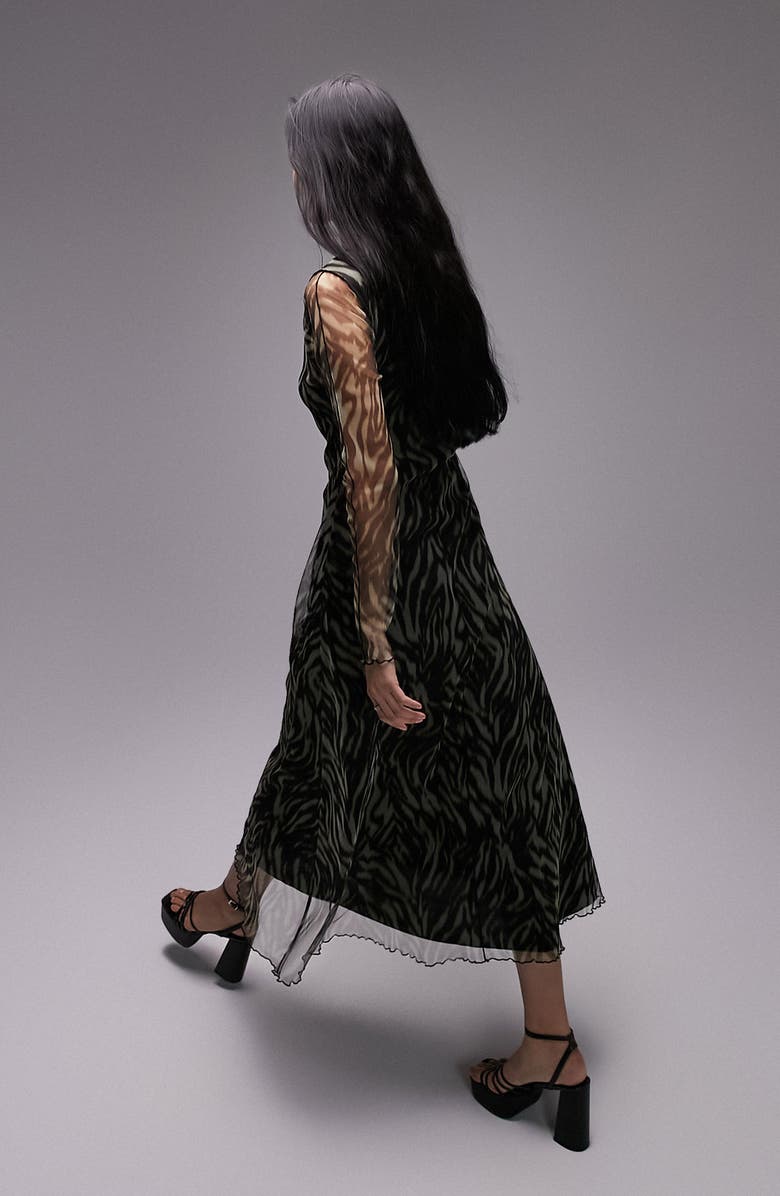 Topshop Zebra Print Long Sleeve Mesh Dress, Alternate, color,