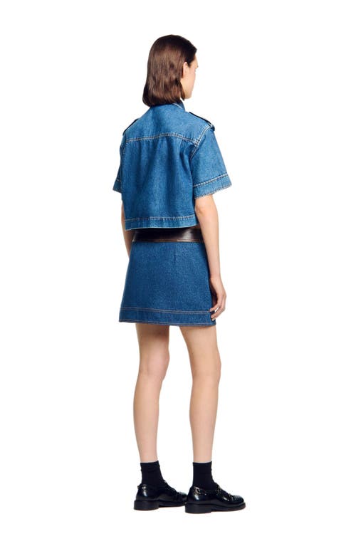 Sandro Womens Dark Blue Leather-trim Mid-rise Denim Mini Skirt In Blue