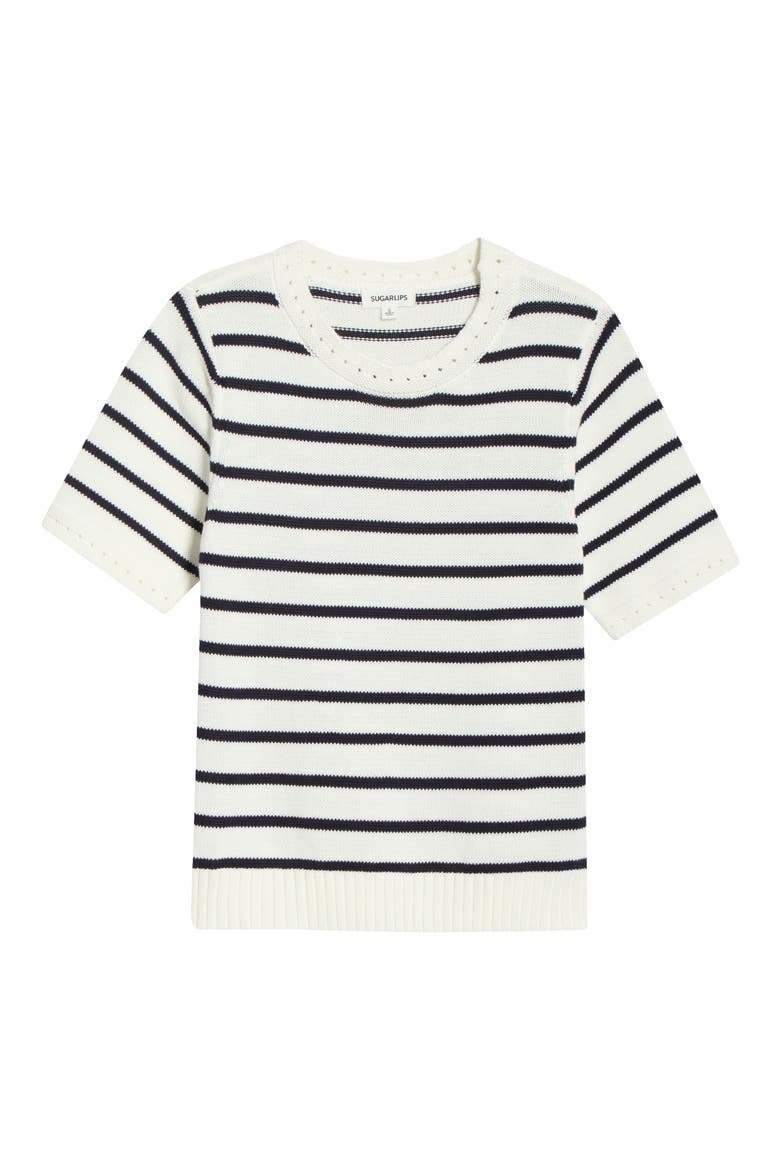 Tessie Stripe Short Sleeve Cotton Sweater, Alternate, color, WHITE NAVY