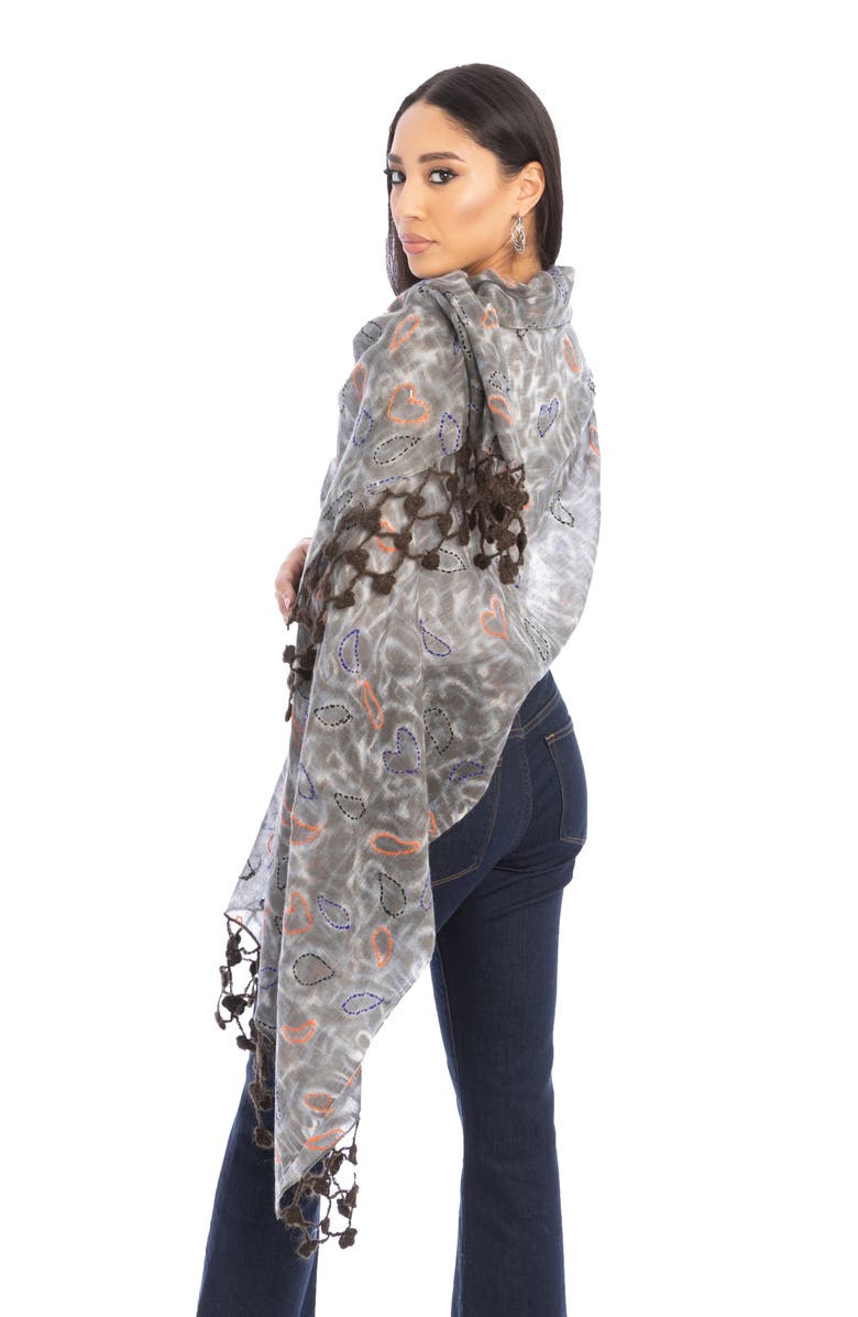 SAACHI Mix Print Fringe Scarf, Alternate, color, Grey