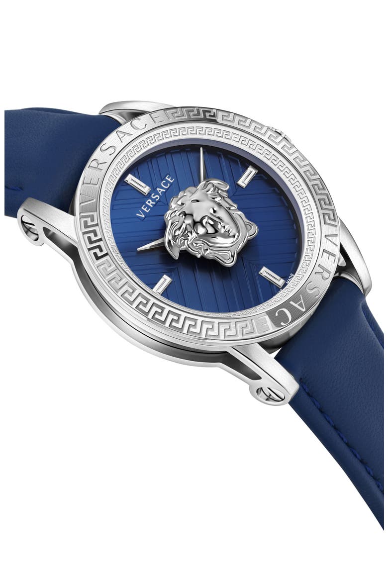V-Code Swiss Quartz Leather Strap Watch, 43mm, Alternate, color, STAINLESS STEEL