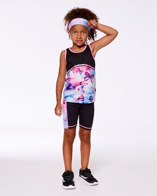 Deux Par Deux Little Girl's Printed Athletic Biker Short Black, Pink And Multicolored Butterflies In Black Pink And Multicolored
