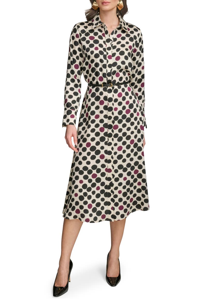 Mixed Dot Long Sleeve Belted Midi Shirtdress, Main, color, LIGHT CANVAS/ BERRY MULTI