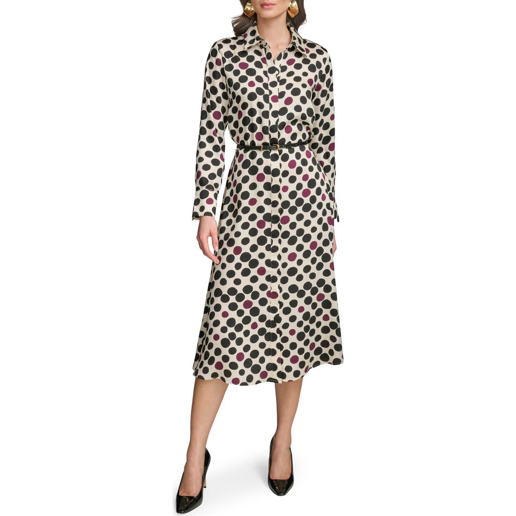 Donna Karan New York Mixed Dot Long Sleeve Belted Midi Shirtdress In Green
