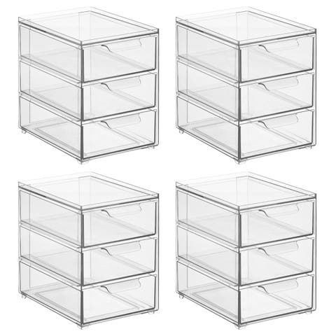 Plastic 3 Drawer Stackable Organizer for Bathroom Storage, 4 Pack, Clear