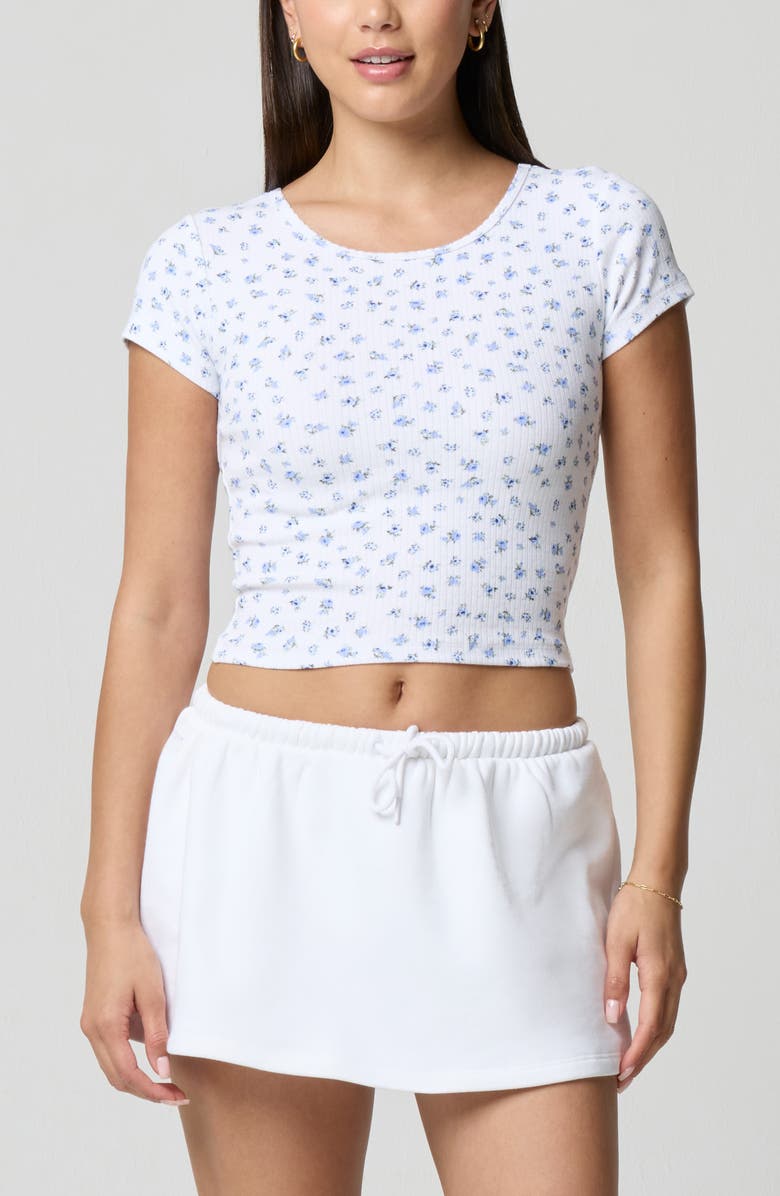 Florence by Mills Ditsy Floral Stretch Cotton Crop Baby T-Shirt, Main, color, Petit Jardin White/ Blue