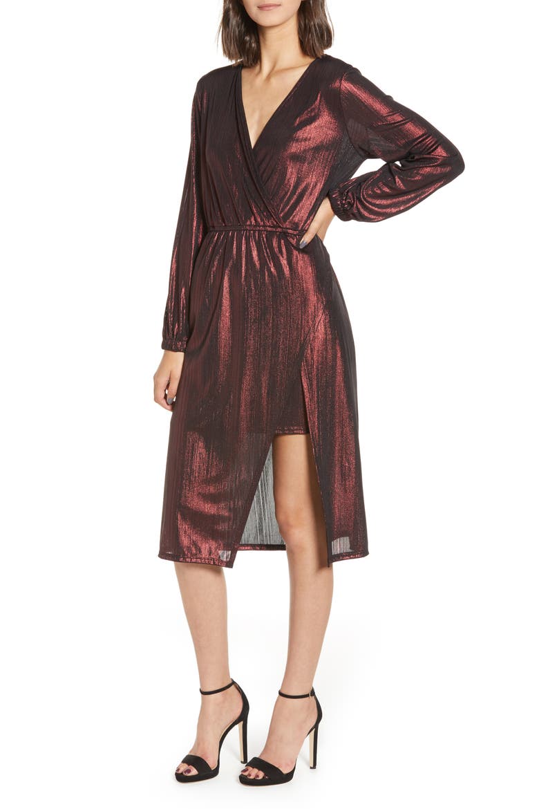Long Sleeve Deep V-Neck Midi Dress, Main, color, ROSE GOLD
