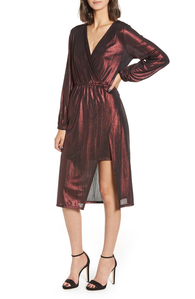 Leith Long Sleeve Deep V-Neck Midi Dress, Main, color, 