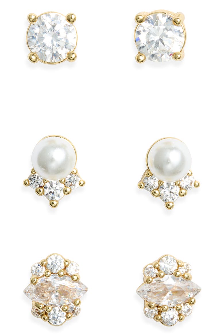 Heart Ornament Set of Three Stud Earrings, Main, color, GOLD- PEARL
