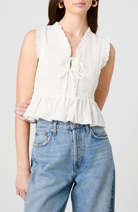Rhodes Ruffle Smocked Peplum Cotton Poplin Top