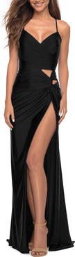 La Femme Prom Dress with Cut Outs at Hip and High Slit