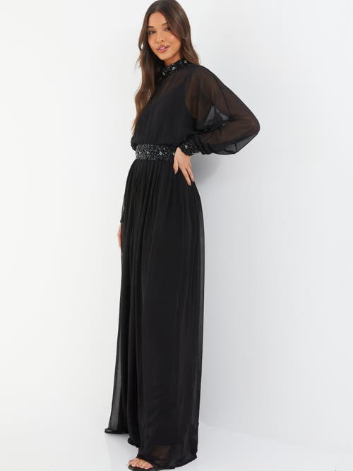 Quiz Chiffon Sequin Trim Evening Dress In Black