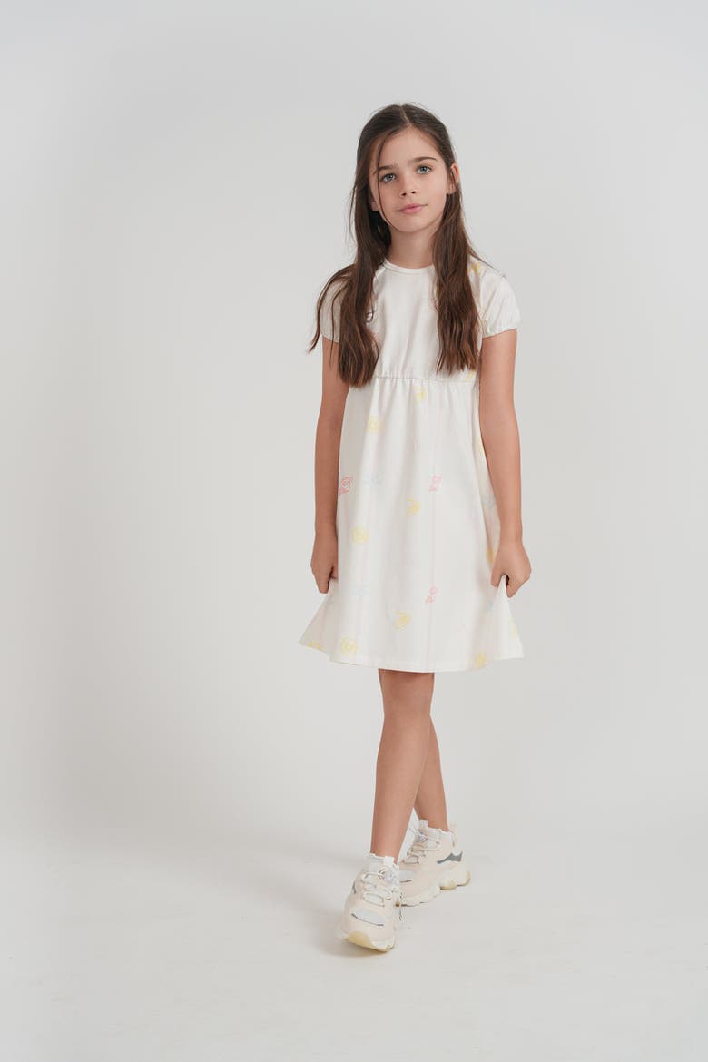 SeaShell Art Short Sleeve Elastic Waist Dress, Alternate, color, Ivory/Pink