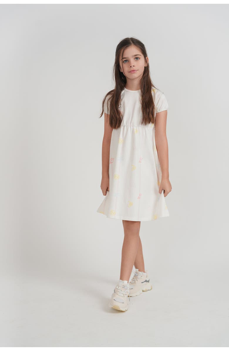 Puddles SeaShell Art Short Sleeve Elastic Waist Dress, Alternate, color, Ivory/Pink
