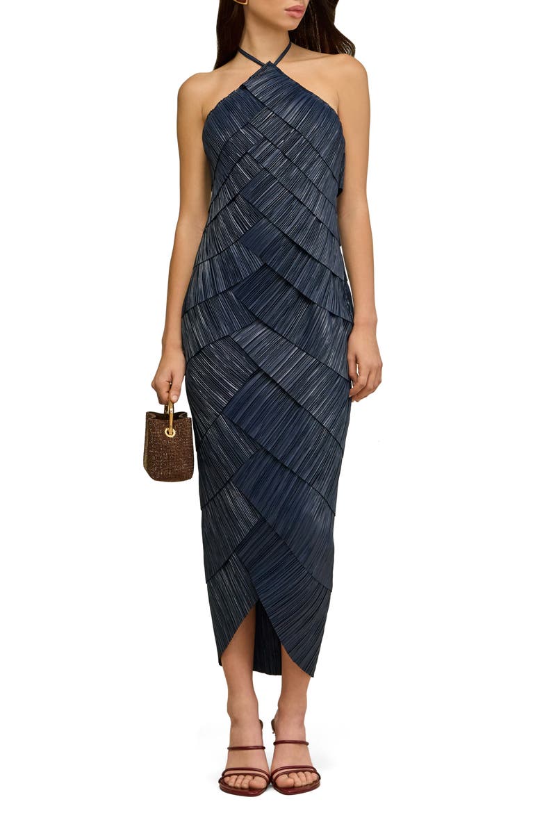 Patrizia Plissé Tiered Halter Dress, Main, color, DEEP LAKE