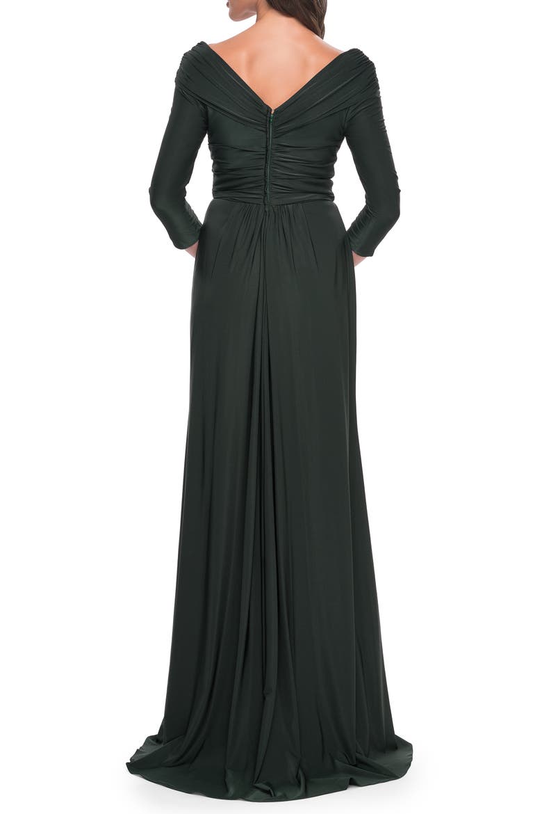 Ruched Long Dress with Ruffle Skirt Detail and Sleeves, Alternate, color, Dark Emerald