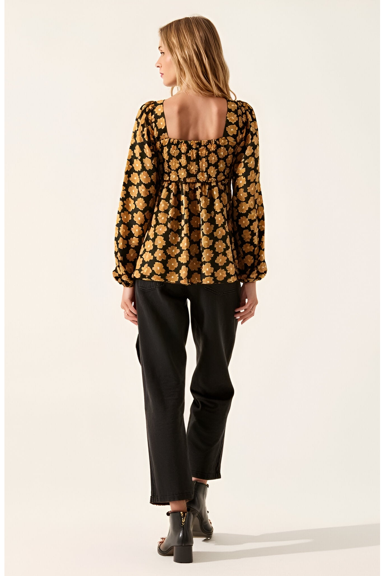 Floral Print Smocked Bodice Long Sleeve Top with Square Neckline, Alternate, color, Floral Print