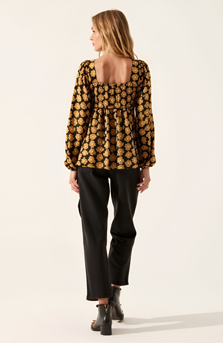 Modenaire Floral Print Smocked Bodice Long Sleeve Top with Square Neckline, Alternate, color,