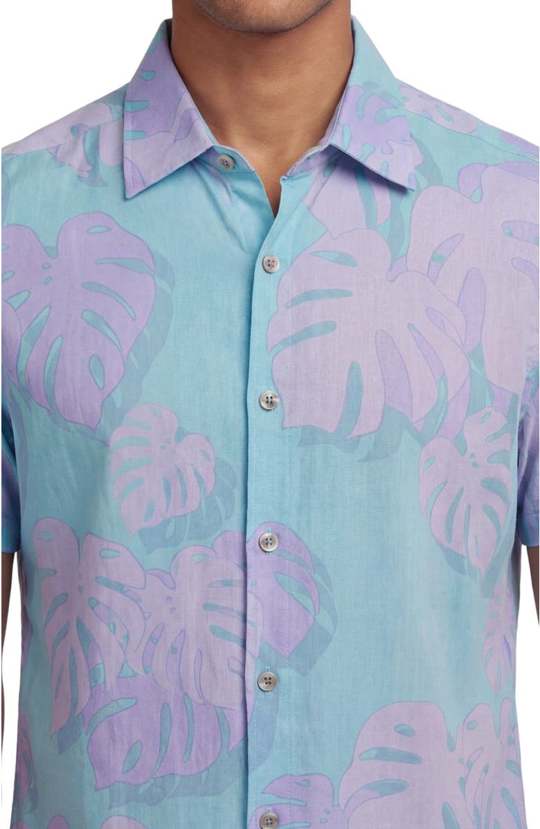 Lords of Harlech Monstera Floral Mens Linen Button-up Shirt, Alternate, color, Monstera Floral Teal
