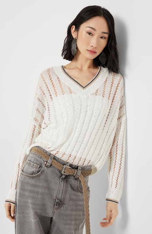 Brunello Cucinelli Perforated Linen Sweater With Sequins In White