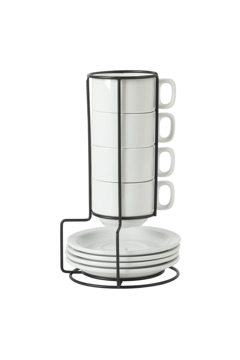 Gracious Dining 9-Piece Stoneware Cappuccino Cup and Saucer Set with Metal Stand, Main, color, White