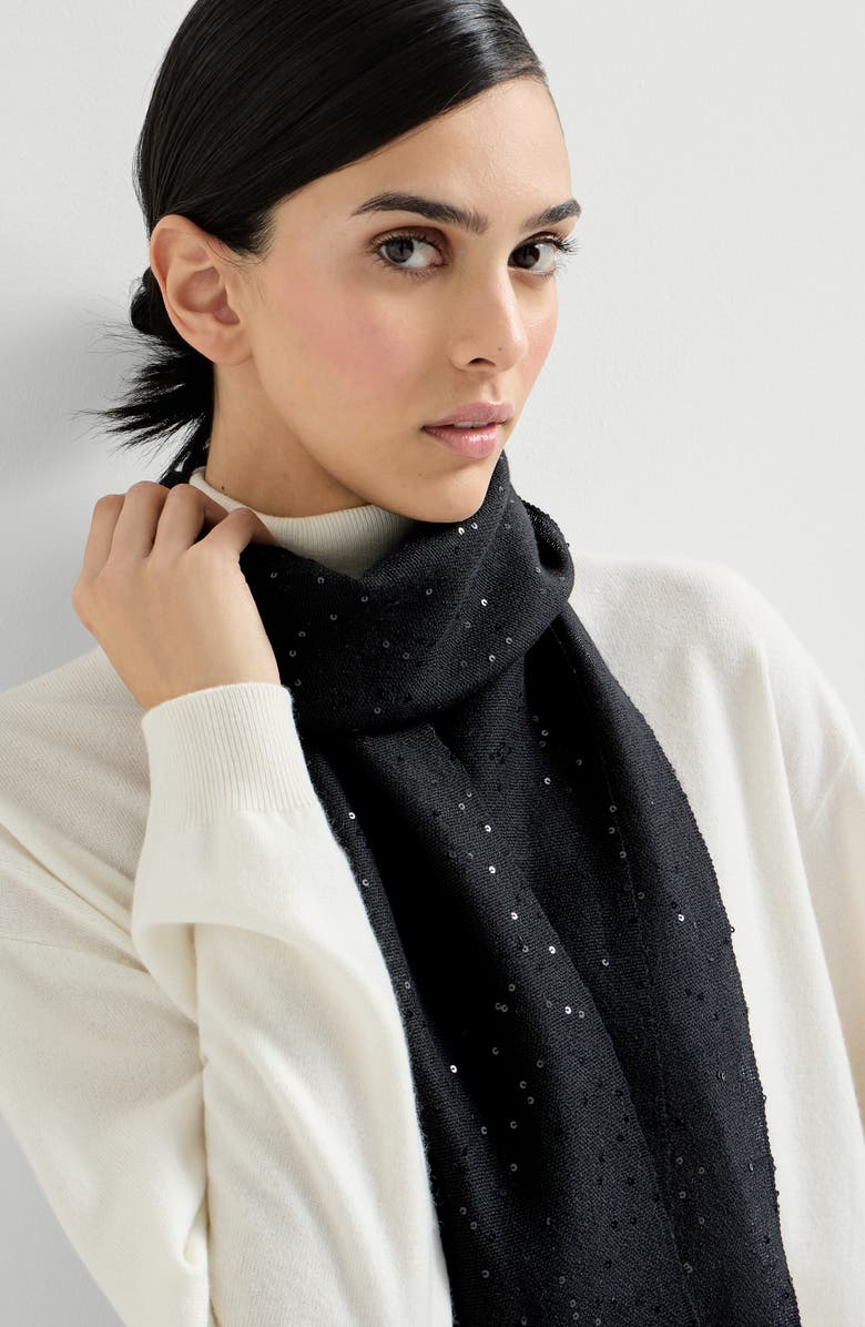 Brunello Cucinelli Cashmere and silk Diamond yarn scarf, Alternate, color, Black