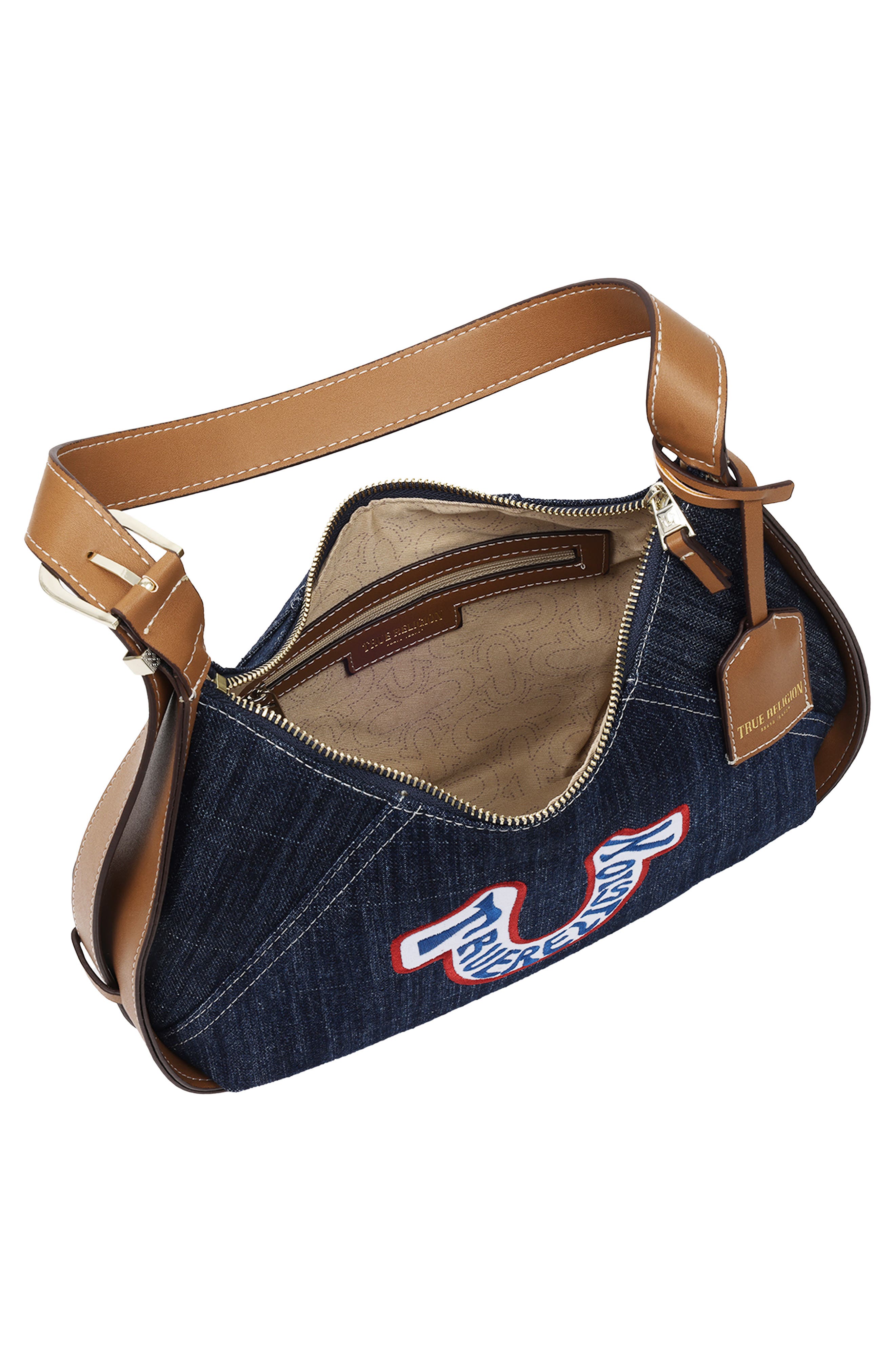 Retro Horseshoe Patch Denim Shoulder Bag, Alternate, color, DARK DENIM