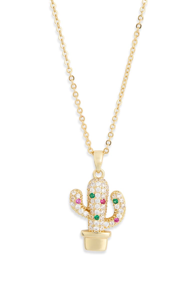 Cubic Zirconia Cactus Pendant Necklace, Alternate, color, GREEN MULTI- GOLD