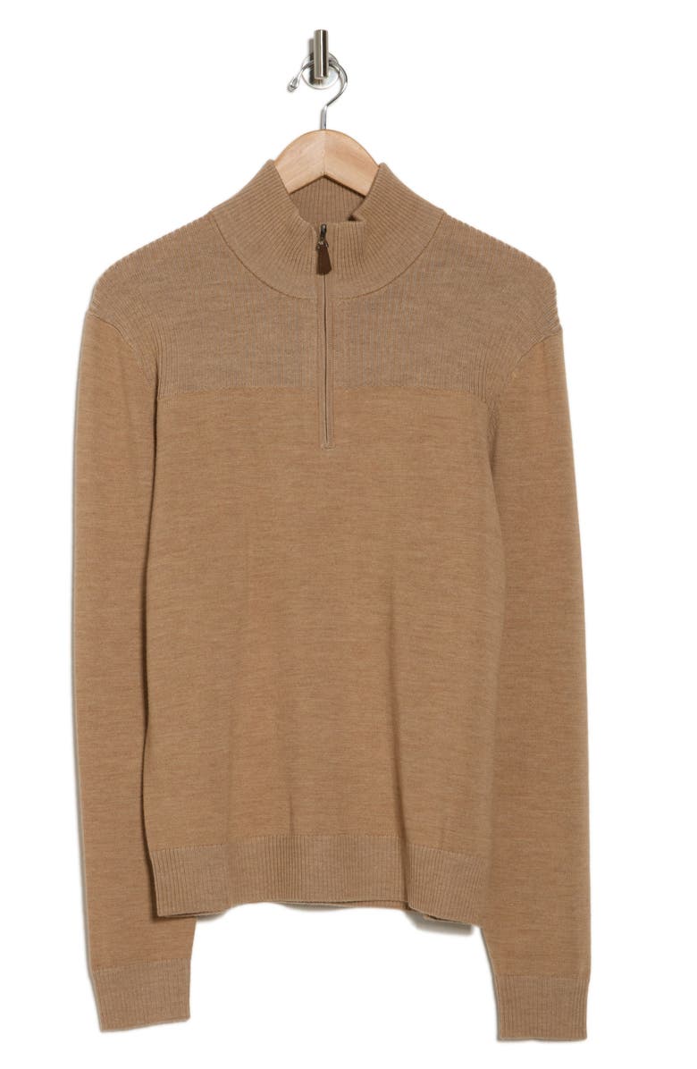 Bruno Magli Merino Wool Plaited Quarter-Zip Pullover, Alternate, color, Camel