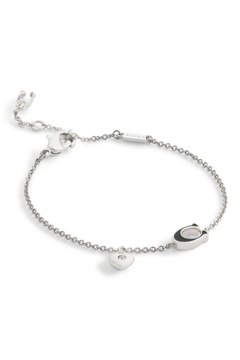 Signature C Heart Charm Bracelet, Alternate, color, BLACK/ RHODIUM