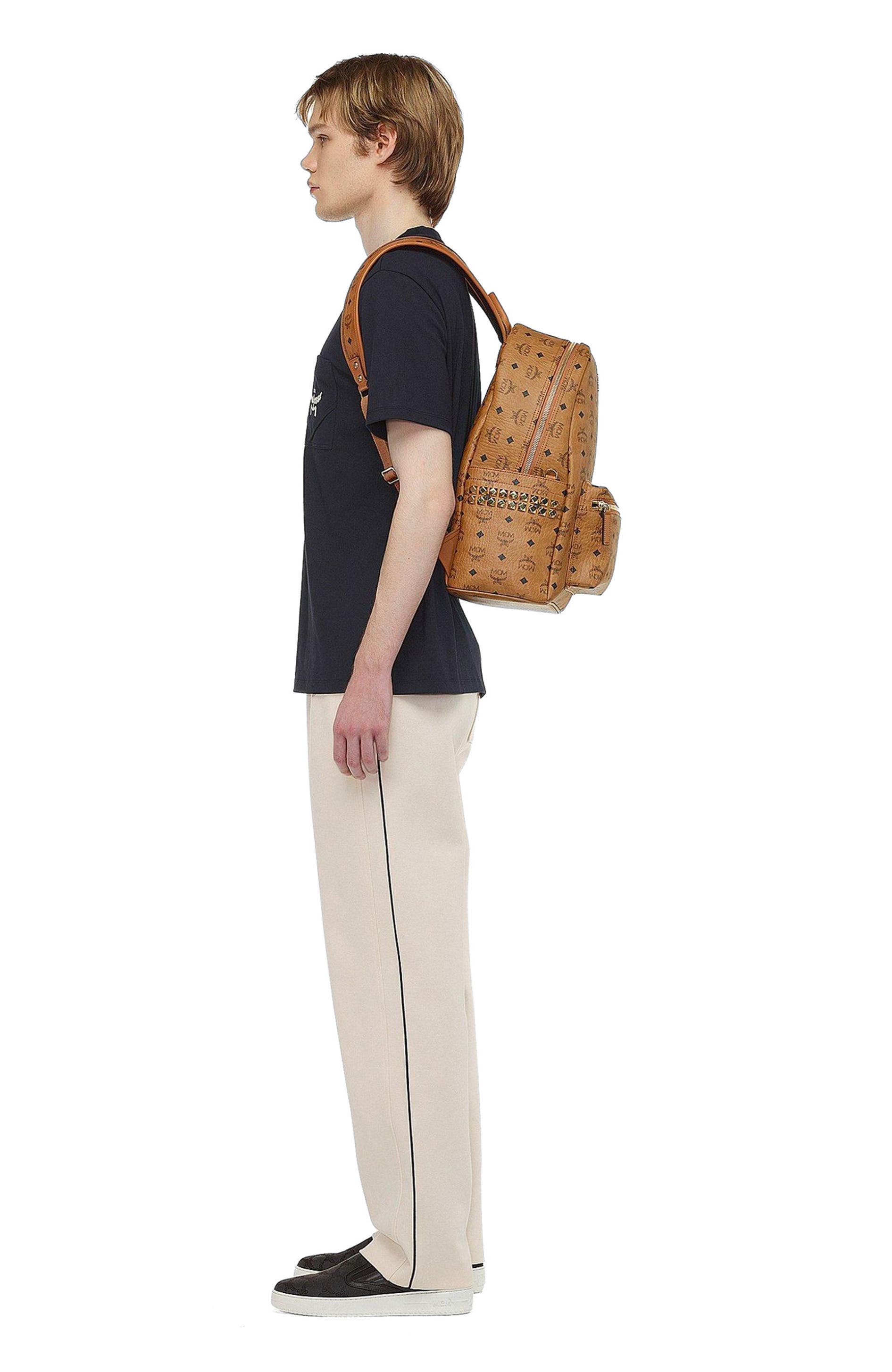 MCM Stark Side Studs Backpack in Visetos, Alternate, color, Cognac