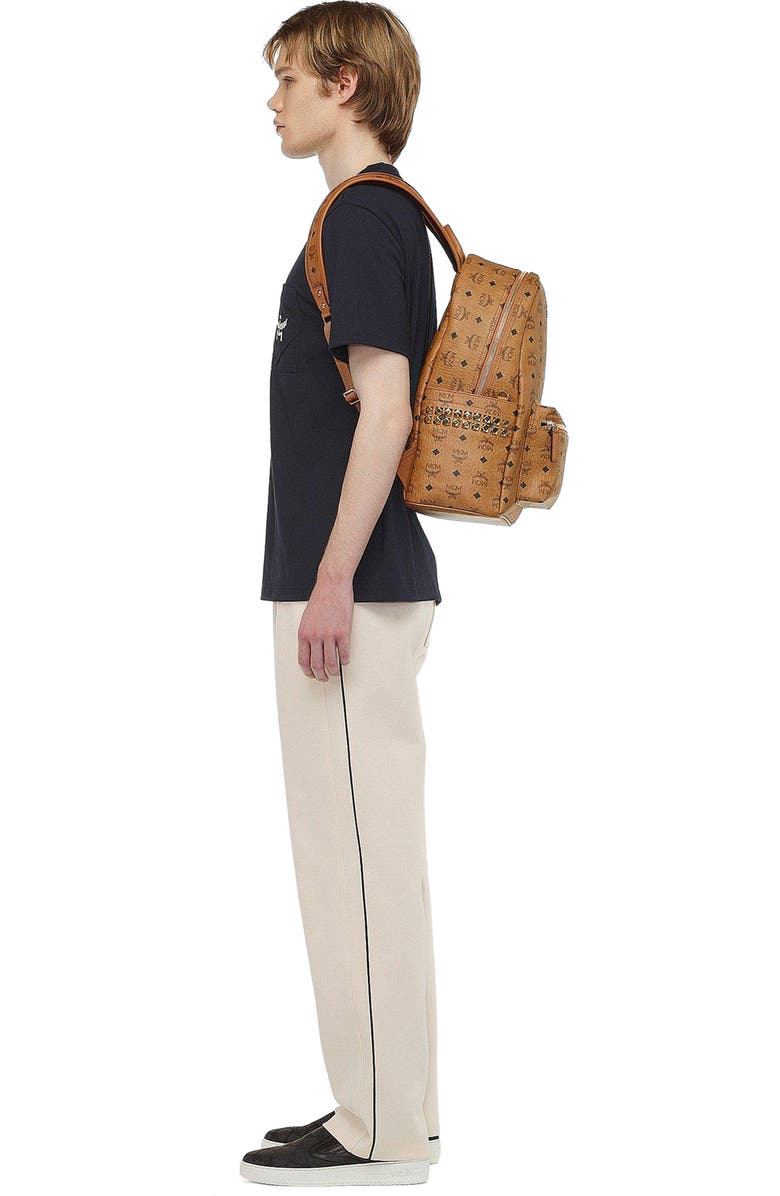 MCM Stark Side Studs Backpack in Visetos, Alternate, color, Cognac