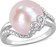 DELMAR Sterling Silver 12–12.5mm Pink Cultured Freshwater Pearl & Diamond Ring - 0.05ct.