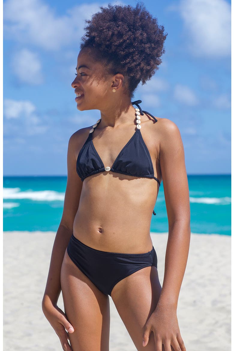 Triangle with Hand-Finished Shell Accents Two-Piece Bikini, Big Kid, Alternate, color, Black