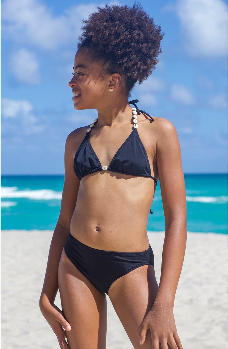 NESSI BYRD Triangle with Hand-Finished Shell Accents Two-Piece Bikini, Big Kid, Alternate, color, Black