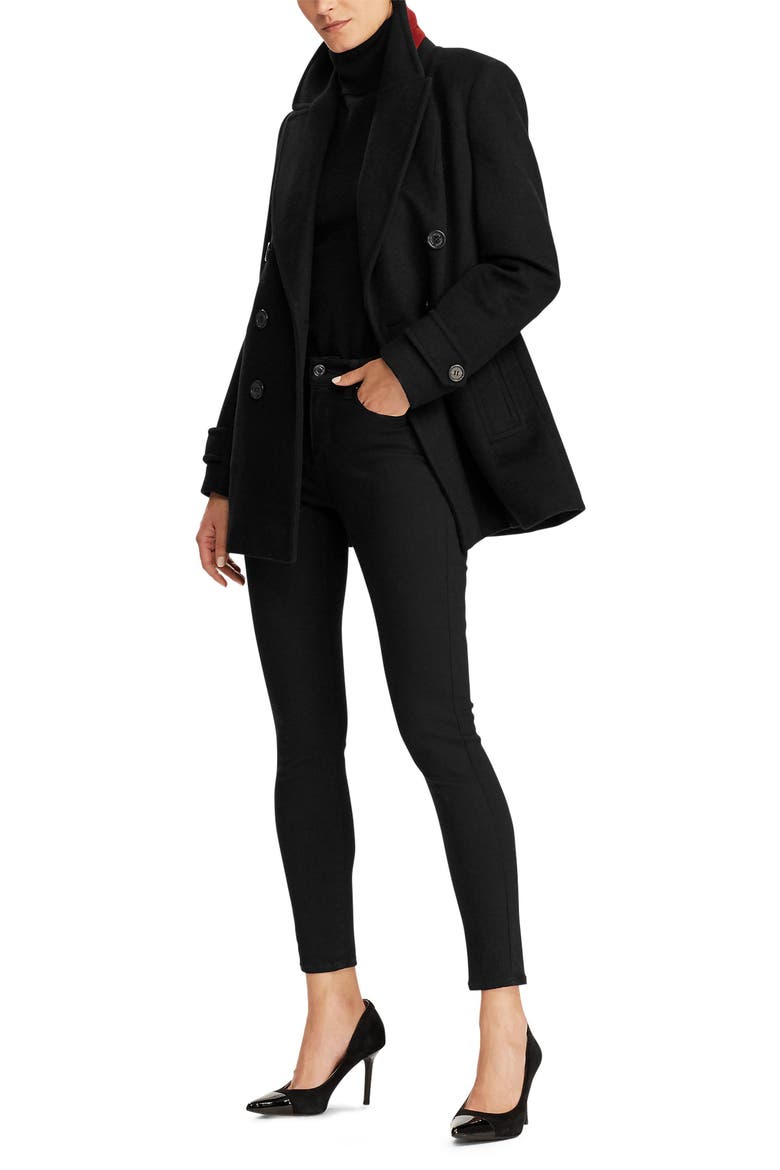 Double Breasted Wool Blend Peacoat, Alternate, color, BLACK