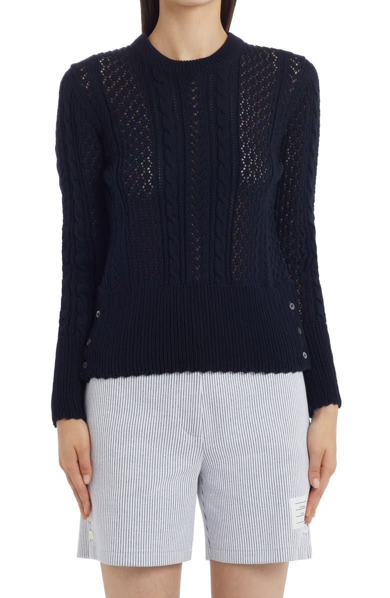 Thom Browne Cable & Pointelle Knit Crewneck Sweater, Main, color, 