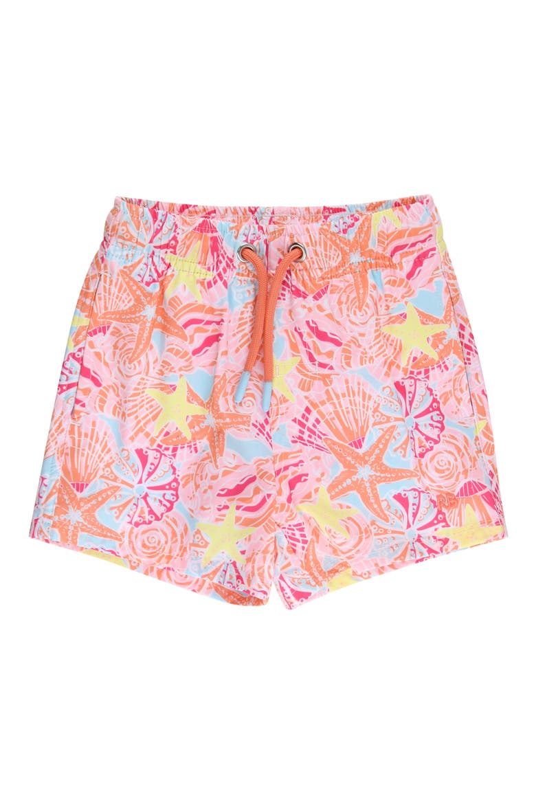 Kids' Sunset Seashells UPF 50+ Swim Trunks, Main, color, ORANGE