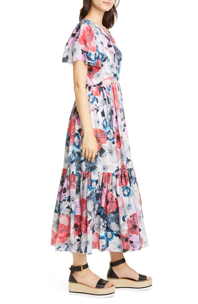 Erdem Floral Print Asymmetrical Neck Silk Midi Dress, Alternate, color, 
