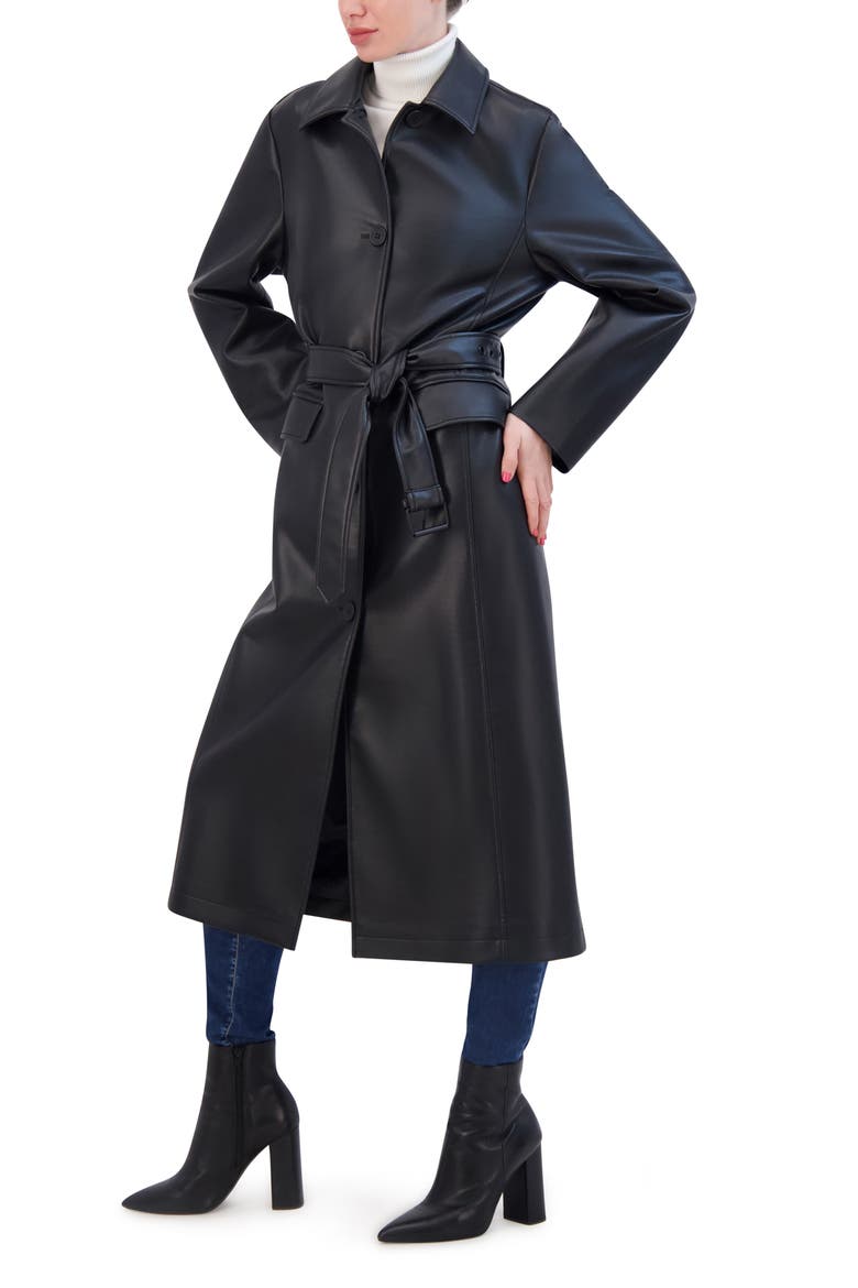 Belted Faux Leather Trench, Alternate, color, BLACK