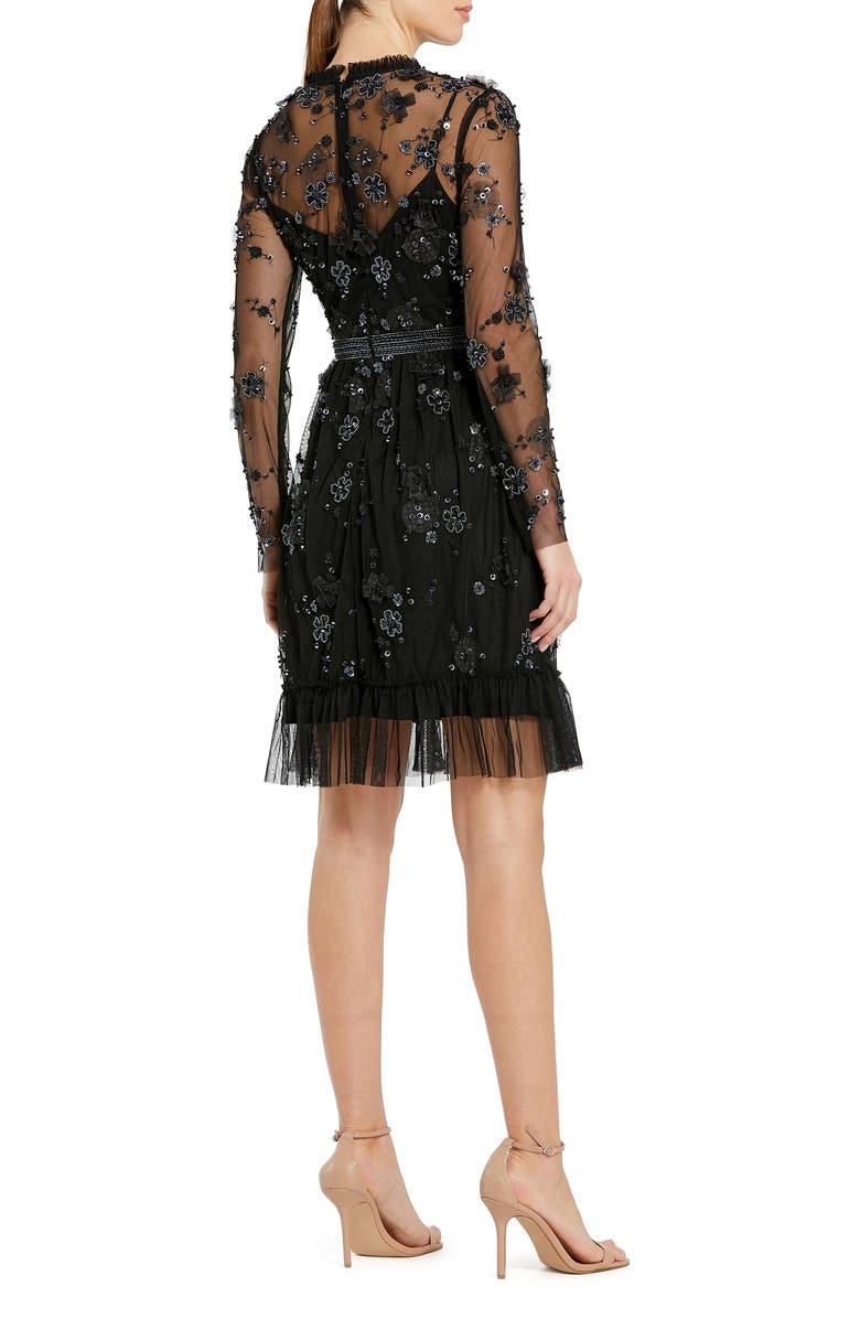 Mac Duggal Sheer Long Sleeve Embellished Midi Dress, Alternate, color, Black